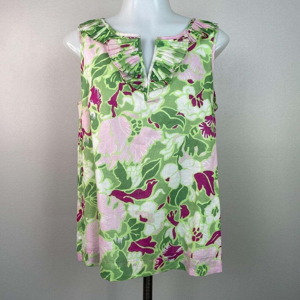 Talbots Top 8P Green Pink Floral Cotton Pleated Ruffle Shell Tank Women's